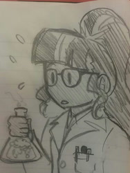 Size: 720x960 | Tagged: safe, artist:funakounasoul, character:twilight sparkle, character:twilight sparkle (scitwi), species:eqg human, my little pony:equestria girls, adorkable, clothing, cute, dork, erlenmeyer flask, female, glasses, lab coat, lined paper, ponytail, science, sketch, solo, traditional art