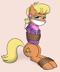 Size: 1400x1655 | Tagged: safe, artist:nivek15, character:ms. harshwhinny, species:earth pony, species:pony, arm behind back, bondage, cloth gag, clothing, cougar, female, gag, jackpot, mare, otn gag, over the nose gag, rope, ropes, simple background, sitting, solo
