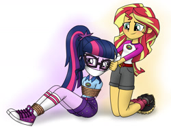 Size: 1600x1200 | Tagged: safe, alternate version, artist:nivek15, character:sunset shimmer, character:twilight sparkle, character:twilight sparkle (scitwi), species:eqg human, ship:scitwishimmer, ship:sunsetsparkle, equestria girls:legend of everfree, g4, my little pony: equestria girls, my little pony:equestria girls, arm behind back, blushing, bondage, camp everfree outfits, camping outfit, cloth gag, clothing, consensual, converse, female, gag, hands behind back, lesbian, rope, shipping, shoes, smiling, sneakers