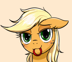 Size: 350x300 | Tagged: safe, artist:mingy.h, character:applejack, bedroom eyes, blushing, bust, cute, female, floppy ears, freckles, hair tie, jackabetes, lidded eyes, looking at you, loose hair, messy mane, mouth hold, pixiv, portrait, simple background, solo