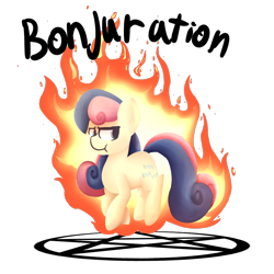 Size: 1000x1000 | Tagged: safe, artist:lyres-art, character:bon bon, character:sweetie drops, species:earth pony, species:pony, :t, annoyed, bonpun, female, fire, floating, glare, looking back, mare, on fire, pentagram, pun, simple background, solo, transparent background, unamused