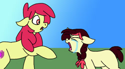 Size: 900x500 | Tagged: safe, artist:zee-stitch, part of a set, character:apple bloom, oc, oc:arkansas black, parent:apple bloom, parent:flim, crying, mother and daughter, offspring