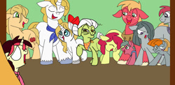 Size: 1480x720 | Tagged: safe, artist:zee-stitch, character:applejack, character:big mcintosh, character:granny smith, character:marble pie, character:prince blueblood, oc, oc:apple core, oc:apple shine, oc:arkansas black, oc:dixie whistle, oc:erligold apple, oc:zari apple, parent:apple bloom, parent:applejack, parent:big macintosh, parent:flim, parent:marble pie, parent:prince blueblood, parents:bluejack, parents:marblemac, species:earth pony, species:pony, ship:bluejack, ship:marblemac, bluejack, family, floppy ears, male, offspring, shipping, smiling, stallion, straight