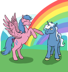 Size: 911x962 | Tagged: safe, artist:quoting_mungo, character:firefly, character:pokey pierce, species:pegasus, species:pony, species:unicorn, g1, duo, eyes closed, rainbow, rearing, simple background
