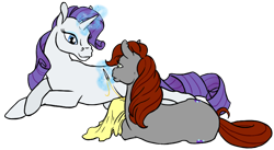 Size: 798x437 | Tagged: safe, artist:quoting_mungo, character:rarity, oc, oc:ink, species:earth pony, species:pony, species:unicorn, duo, magic, sewing, simple background, telekinesis, transparent background