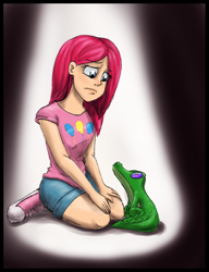 Size: 800x1040 | Tagged: safe, artist:feujenny07, character:gummy, character:pinkamena diane pie, character:pinkie pie, species:human, converse, female, humanized, kneeling, looking at each other, sad, shoes, sneakers