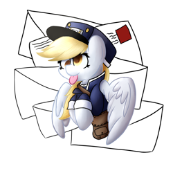 Size: 2000x2000 | Tagged: safe, artist:lyres-art, artist:vulsegardt, character:derpy hooves, species:pegasus, species:pony, clothing, collaboration, colored pupils, female, hat, letter, mail, mailbag, mailmare, mailmare hat, smiling, solo, tongue out, uniform