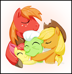 Size: 600x618 | Tagged: safe, artist:feujenny07, character:apple bloom, character:applejack, character:big mcintosh, character:granny smith, species:earth pony, species:pony, apple family, female, hug, male, mare, stallion