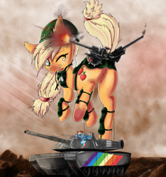 Size: 2480x2649 | Tagged: safe, artist:shogundun, character:applejack, character:rainbow dash, species:pony, applebutt, cannon, duo, female, freckles, giant pony, helmet, how applejack won the war, kantai collection, looking back, m1 abrams, macro, mare, military, one eye closed, plot, smiling, tank (vehicle), underhoof, wink