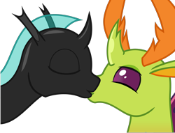 Size: 2700x2067 | Tagged: safe, artist:derphed, character:thorax, oc, oc:steel crescent, species:changeling, species:reformed changeling, canon x oc, changeling oc, gay, husbando, kissing, male, request, shipping, simple background, transparent background