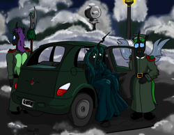 Size: 2656x2056 | Tagged: safe, artist:witkacy1994, character:queen chrysalis, species:anthro, species:changeling, car, changeling queen, chrysler, chrysler pt cruiser, clothing, dress, female, halberd, namesake, pun, weapon