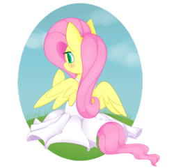 Size: 911x878 | Tagged: safe, artist:php54, character:fluttershy, species:pegasus, species:pony, clothing, dress, grass, looking away, outdoors, rear view, sitting, spread wings, white dress, wings