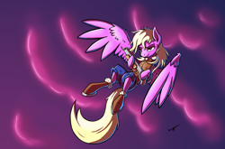 Size: 4474x2958 | Tagged: safe, artist:quadrog, oc, oc only, species:anthro, species:pegasus, species:pony, species:unguligrade anthro, fallout equestria, absurd resolution, clothing, flying, solo
