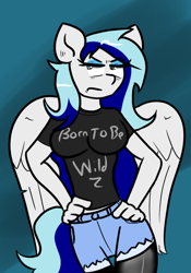 Size: 700x1000 | Tagged: safe, artist:tranzmuteproductions, oc, oc only, oc:sapphire heart song, species:anthro, species:pegasus, species:pony, anthro oc, blue eyeshadow, blue hair, born to be wild, clothing, eyeshadow, jeans, makeup, shirt, shorts, socks, t-shirt, thigh highs
