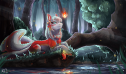 Size: 2700x1600 | Tagged: safe, artist:alina-sherl, oc, oc only, species:fox, species:pony, back fluff, bell, blue eyes, chest fluff, collar, colored pupils, crepuscular rays, ear fluff, female, fire, fluffy, forest, fox pony, grass, grin, hybrid, kitsune, kitsune pony, leg fluff, lidded eyes, looking at something, looking up, mare, multicolored hair, multiple tails, nature, prone, ribbon, river, roots, scenery, shoulder fluff, slit eyes, smiling, solo, tail fluff, tree, unshorn fetlocks, water, wisp