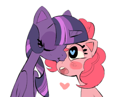 Size: 896x697 | Tagged: safe, artist:shacklefunk, character:pinkie pie, character:twilight sparkle, character:twilight sparkle (alicorn), species:alicorn, species:earth pony, species:pony, ship:twinkie, blushing, eyes closed, female, heart, heart eyes, kissing, lesbian, mare, shipping, simple background, smooch, white background, wingding eyes