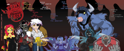 Size: 4011x1653 | Tagged: safe, artist:arteses-canvas, character:gilda, character:iron will, character:king sombra, character:princess luna, character:queen chrysalis, character:rover, character:sunset shimmer, species:anthro, species:changeling, species:diamond dog, species:human, species:minotaur, species:pony, species:umbrum, species:unicorn, my little pony:equestria girls, absurd resolution, blank eyes, claws, crossover, curved horn, drool, envy the jealous, evil grin, eyepatch, fangs, female, fullmetal alchemist, gilda is not amused, glare, gluttony the voracious, greed the avaricious, grin, horn, horns, humanized, king bradley, lust the lascivious, male, mare, nose piercing, nose ring, piercing, pride the arrogant, s1 luna, saligia, selim bradley, seven deadly sins, sloth the indolent, smiling, smirk, stallion, sword, tongue out, unamused, weapon, winged humanization, wings, wrath the furious