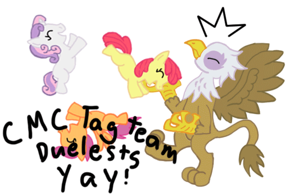 Size: 600x400 | Tagged: safe, artist:wolferahm, character:apple bloom, character:gilda, character:scootaloo, character:sweetie belle, species:griffon, animated, cutie mark crusaders, female, gildabuse, tag team, wrestling, wwe
