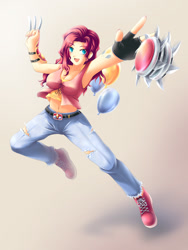 Size: 600x800 | Tagged: safe, artist:yatonokami, character:pinkie pie, species:human, armpits, belly button, breasts, claws, cleavage, clothing, commission, cutie mark, dual wield, fantasy class, female, humanized, midriff, nail polish, weapon, wip, yo-yo