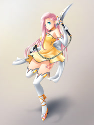 Size: 737x983 | Tagged: safe, artist:yatonokami, character:fluttershy, species:human, clothing, commission, cutie mark, dress, evening gloves, fantasy class, female, gloves, humanized, kusarigama, long gloves, socks, solo, thigh highs, weapon, wip