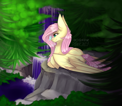 Size: 1280x1120 | Tagged: safe, artist:pinkxei, character:fluttershy, species:pegasus, species:pony, butterfly, female, forest, mare, prone, scenery, signature, smiling, solo, tree, waterfall