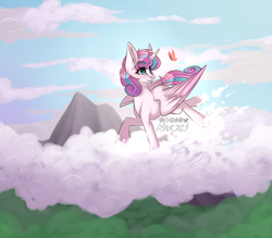Size: 1280x1120 | Tagged: safe, artist:pinkxei, character:princess flurry heart, species:alicorn, species:pony, butterfly, cloud, colored wings, female, mare, mountain, multicolored wings, older, sky, smiling, solo