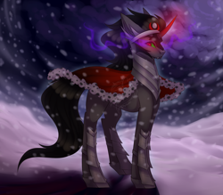 Size: 1280x1120 | Tagged: safe, artist:pinkxei, character:king sombra, species:pony, species:unicorn, cape, clothing, dark magic, fangs, glowing horn, looking back, magic, male, snow, snowfall, solo, sombra eyes, stallion