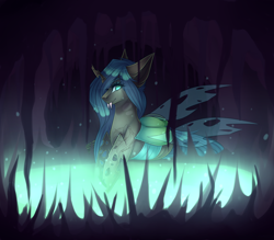 Size: 1280x1120 | Tagged: safe, artist:pinkxei, character:queen chrysalis, species:changeling, cavern, changeling queen, fangs, female, looking at you, pond, prone, smiling, solo, water, watermark