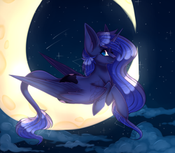 Size: 1280x1120 | Tagged: safe, artist:pinkxei, character:princess luna, species:alicorn, species:pony, cloud, crescent moon, female, looking at you, mare, missing accessory, moon, night, prone, smiling, solo, stars, tangible heavenly object, transparent moon, watermark