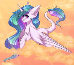 Size: 1280x1120 | Tagged: safe, artist:pinkxei, character:princess celestia, species:alicorn, species:pony, cloud, cute, cutelestia, ear fluff, eyebrows, eyebrows visible through hair, female, leonine tail, looking at you, mare, missing accessory, on a cloud, prone, smiling, solo