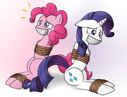 Size: 1500x1150 | Tagged: safe, artist:nivek15, character:pinkie pie, character:rarity, species:earth pony, species:pony, species:unicorn, arm behind back, bondage, female, gag, gradient background, mare, ropes, tape gag