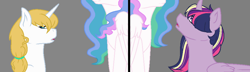 Size: 943x273 | Tagged: safe, artist:jaysey, character:prince blueblood, character:princess celestia, character:twilight sparkle, character:twilight sparkle (alicorn), species:alicorn, species:pony, alternate hairstyle, arranged marriage, celestia the shipper, female, male, shipper on deck, shipping, straight, twiblood