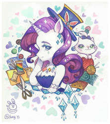 Size: 900x1012 | Tagged: safe, artist:kongyi, character:opalescence, character:rarity, species:anthro, species:human, my little pony:equestria girls, alternative cutie mark placement, button, cat, clothing, dress, eared humanization, fabric, female, hat, horn, horned humanization, humanized, jewelry, necklace, needle, scissors, solo, sparkles, spool, thread, traditional art, watercolor painting, yarn, yarn ball