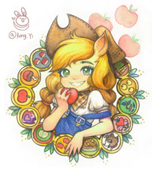 Size: 900x989 | Tagged: safe, artist:kongyi, character:applejack, species:human, apple, apple family, applejack's hat, bandana, clothing, cowboy hat, cutie mark, cutie mark background, dungarees, eared humanization, female, food, grin, hat, humanized, neckerchief, overalls, pigtails, shirt, smiling, solo, traditional art, twintails, watercolor painting