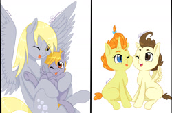 Size: 1821x1200 | Tagged: safe, artist:tejedora, character:crackle pop, character:derpy hooves, character:dinky hooves, character:pound cake, character:pumpkin cake, species:pegasus, species:pony, brother and sister, cake twins, equestria's best mother, female, hug, male, mare, mother and son, nuzzling, siblings, simple background, sisters, tongue out, underhoof, white background