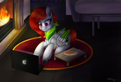 Size: 5000x3400 | Tagged: safe, artist:merienvip, oc, oc only, species:pegasus, species:pony, absurd resolution, colored wings, computer, dish, female, fireplace, food, high res, laptop computer, mare, multicolored wings, prone, solo