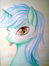 Size: 3264x4352 | Tagged: safe, artist:pony-stark, edit, character:lyra heartstrings, species:pony, species:unicorn, absurd resolution, bust, female, looking at you, one eye closed, portrait, smiling, solo, tongue out, traditional art, wink