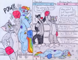 Size: 993x764 | Tagged: safe, artist:jose-ramiro, character:rainbow dash, character:tom, species:anthro, species:pegasus, species:pony, boxing, boxing gloves, bruised, comic, crossover, female, looney tunes, male, mare, on back, sylvester, sylvester the cat, tom and jerry, traditional art