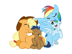 Size: 1600x1200 | Tagged: safe, artist:littletiger488, character:applejack, character:rainbow dash, oc, oc:circuit, oc:eden, parent:applejack, parent:rainbow dash, parent:soarin', parents:soarindash, parents:soarinjack, species:pony, ship:appledash, colt, family, female, foal, lesbian, licking, male, nuzzling, offspring, shipping, sperm donation