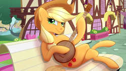 Size: 8000x4500 | Tagged: safe, artist:nivimonster, character:applejack, species:earth pony, species:pony, absurd resolution, art trade, banjo, bench, building, clothing, cowboy hat, crossed hooves, female, hat, mare, musical instrument, playing, ponyville, sitting, solo, stetson