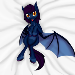 Size: 900x900 | Tagged: safe, artist:bevendre, oc, oc only, oc:midnight oil, species:bat pony, species:pony, bat pony oc, bat wings, blep, on back, realistic anatomy, solo, tongue out, wing claws