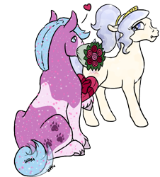 Size: 585x646 | Tagged: safe, artist:quoting_mungo, oc, oc only, oc:opalescent pearl, oc:puppy love, species:crystal pony, species:earth pony, species:pony, chocolates, courtship, female, flower, glitter, male, mare, rose, simple background, stallion, tail wag, transparent background