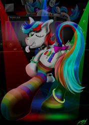 Size: 3000x4200 | Tagged: safe, artist:raptorpwn3, character:dj pon-3, character:vinyl scratch, oc, species:pony, absurd resolution, clothing, glow rings, male, one eye closed, rainbow socks, rave, signature, socks, spotlight, strategically covered, striped socks, tongue out, wink