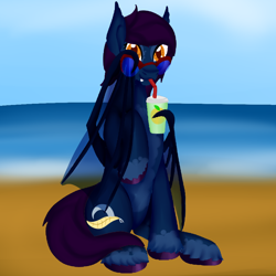 Size: 900x900 | Tagged: safe, artist:bevendre, oc, oc only, oc:midnight oil, species:bat pony, species:pony, bat pony oc, bendy straw, drinking straw, smoothie, solo, straw, sunglasses, transparent wings, wing claws, wing hands