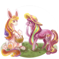 Size: 894x894 | Tagged: safe, artist:gloriaus, character:sunny daze (g3), species:pony, g3, bashful bonnet, basket, bunny ears, clothing, easter, egg, g3betes, hat, holiday, simple background, transparent background