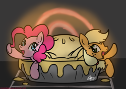Size: 1748x1240 | Tagged: safe, artist:mrasianhappydude, character:applejack, character:pinkie pie, species:pony, episode:pinkie apple pie, g4, my little pony: friendship is magic, duo, food, micro, pie, ponies in food, pun, raised hoof