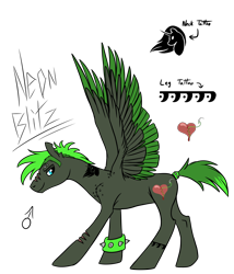 Size: 1800x2100 | Tagged: safe, artist:pampoke, oc, oc only, oc:neon blitz, parent:cheese sandwich, parent:pinkie pie, parents:cheesepie, species:pegasus, species:pony, adopted offspring, male, scarred, simple background, solo, spiked wristband, spread wings, stallion, tattoo, transparent background, wings, wristband