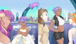 Size: 4000x2333 | Tagged: safe, artist:dedonnerwolke, character:pound cake, character:princess cadance, character:princess flurry heart, character:pumpkin cake, species:human, brother and sister, clothing, crossed arms, crystal empire, dark skin, dress, female, hub logo, humanized, jewelry, male, mother and daughter, older, older flurry heart, princess emo heart, punk, regalia, smiling, teenage flurry heart, teenager