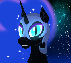 Size: 3000x2650 | Tagged: safe, artist:orangejuicerus, character:nightmare moon, character:princess luna, species:pony, ear fluff, female, glowing eyes, grin, sharp teeth, smiling, solo, space, stars, teeth