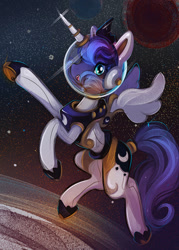 Size: 848x1187 | Tagged: safe, artist:cenit-v, character:princess luna, species:alicorn, species:pony, astronaut, female, floating, planet, solo, space, space helmet, space suit, stars